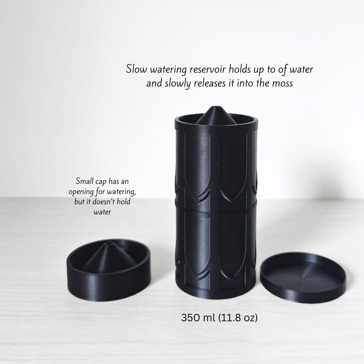 Slow-watering reservoir setup with the top opening, removable cap pieces, and assembled pole top shown in detail.
