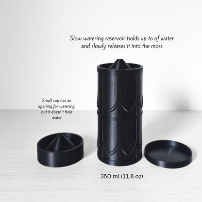 Slow-watering reservoir setup with the top opening, removable cap pieces, and assembled pole top shown in detail.