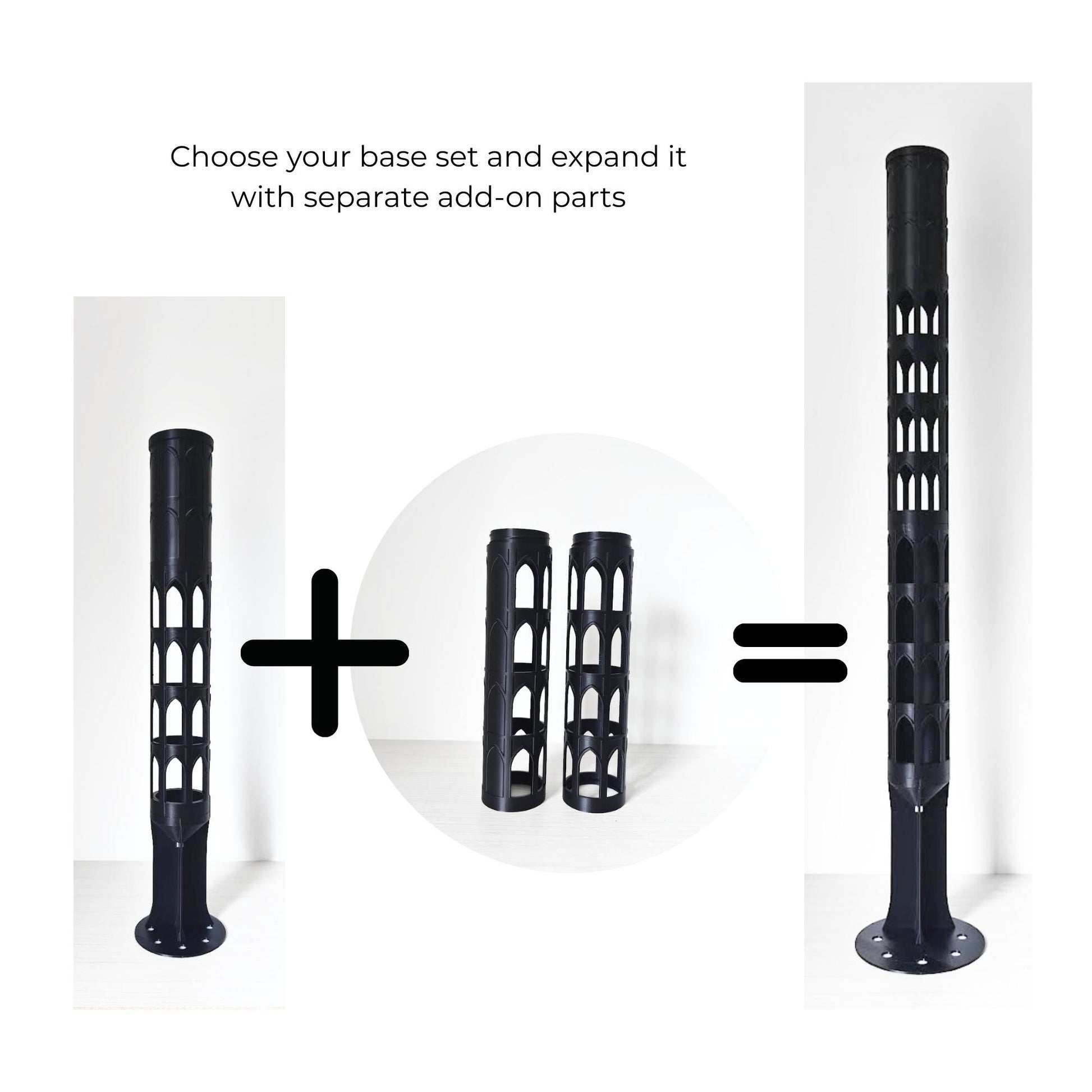 Instruction graphic showing how to build a custom moss pole by combining one base set with separate add-on parts.