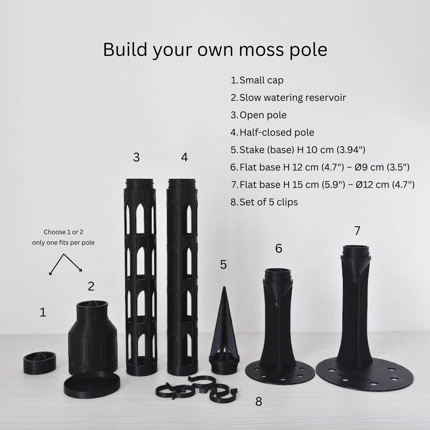 Overview image showing all modular moss pole parts, including bases, reservoirs, caps, extensions, spikes, and connectors, labeled as different set options.