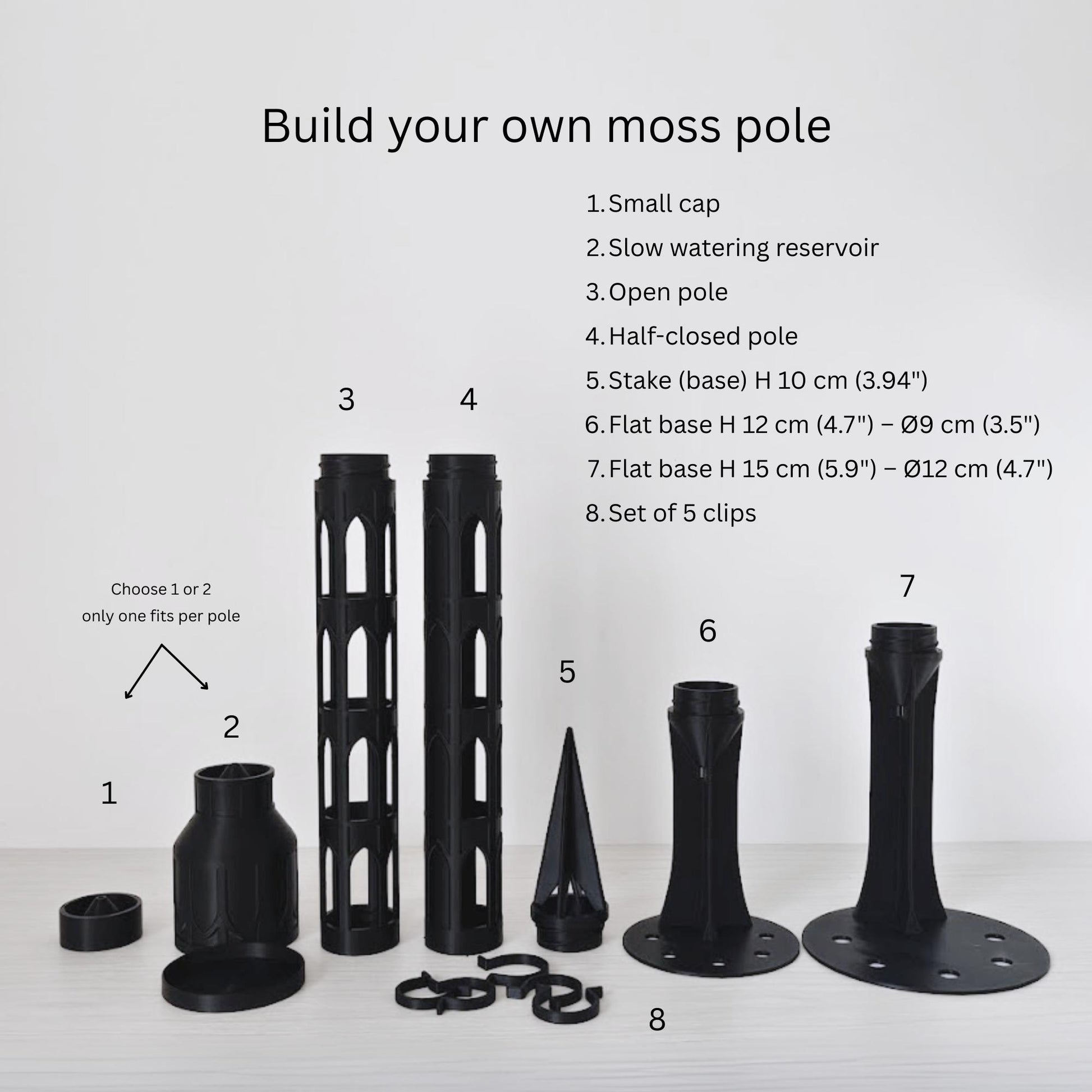Overview image showing all modular moss pole parts, including bases, reservoirs, caps, extensions, spikes, and connectors, labeled as different set options.