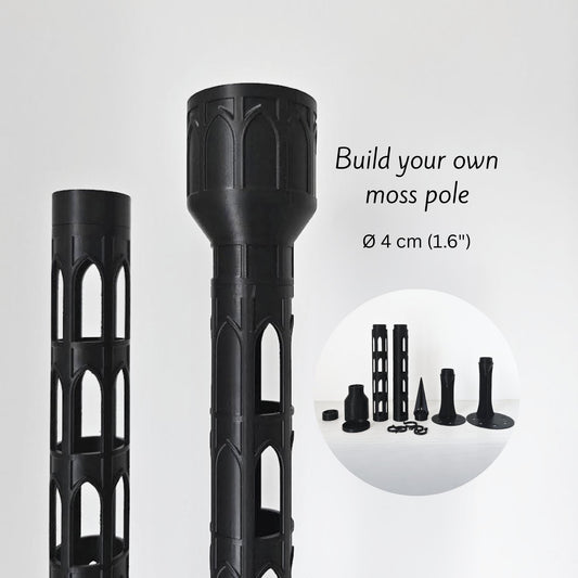 Gothic moss pole set with 4 cm (1.57 in) diameter parts, showing the assembled pole, shorter sections, and included base and extension pieces.