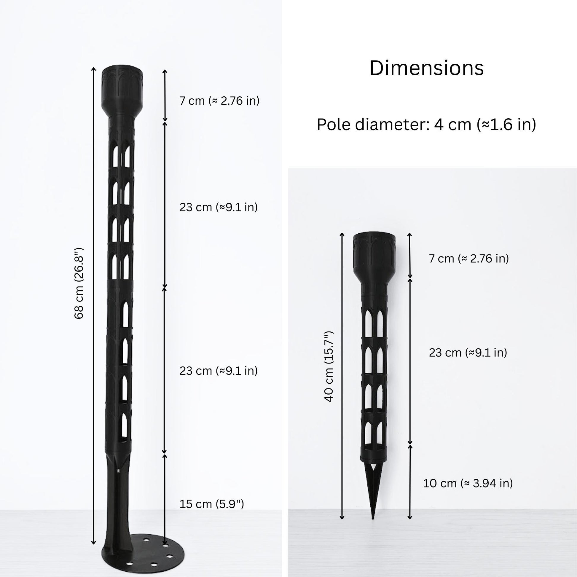Dimension chart for the 4 cm (1.57 in) diameter gothic moss pole, showing measurements for the full pole and extension section.