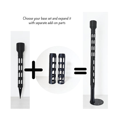 Instruction graphic showing how to build a custom moss pole by combining one base set with separate add-on parts.