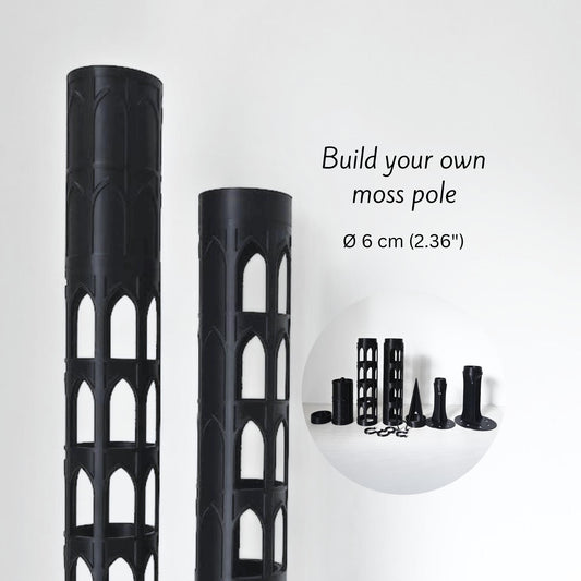 Gothic moss pole set with 6 cm (2.36 in) diameter parts, showing the assembled pole, shorter sections, and included base and extension pieces.