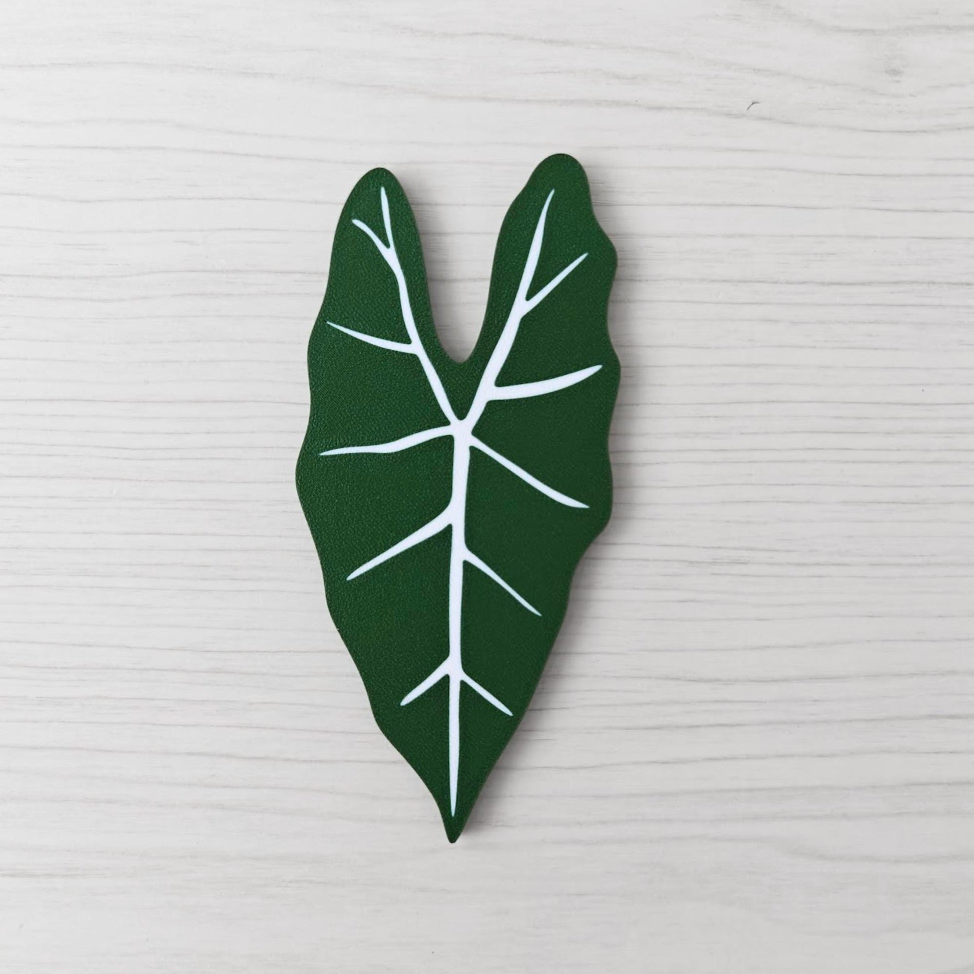 Front view of the solid green Alocasia Frydek key cover handle on a light wood background.