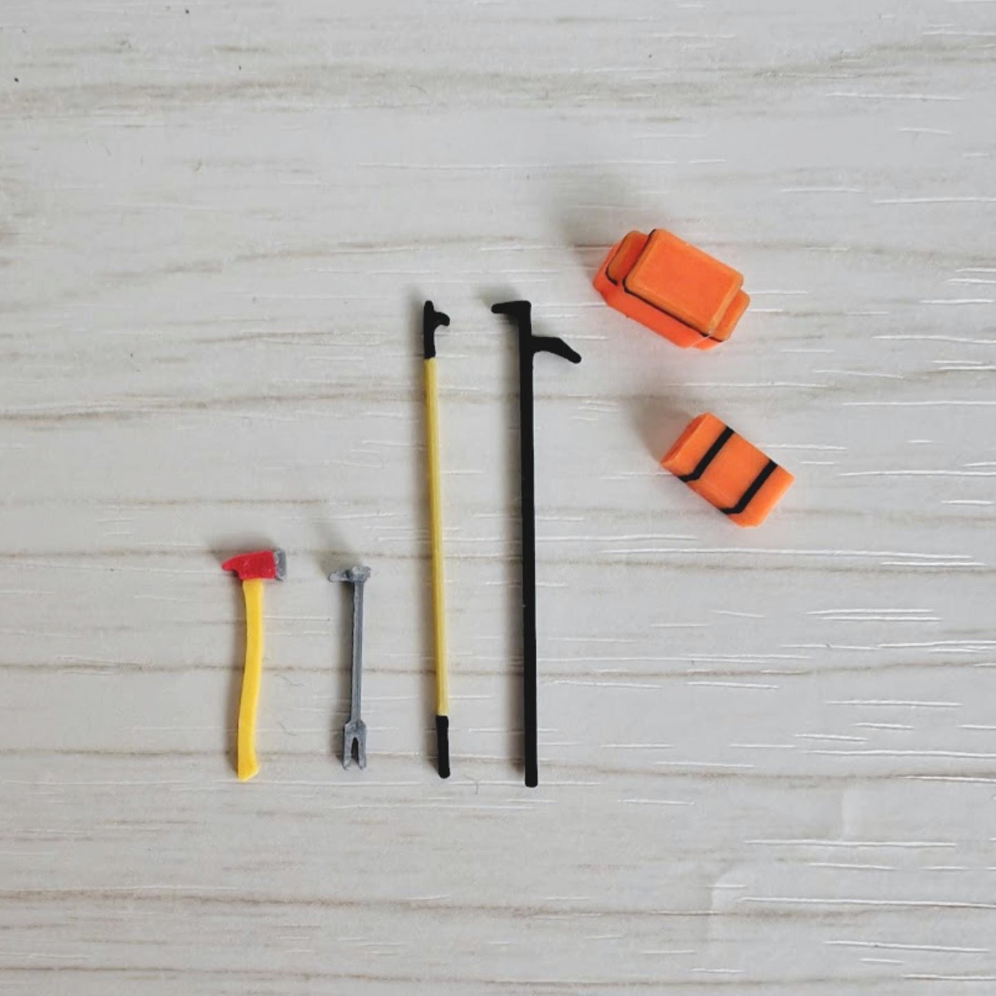 3D printed firefighter rescue tools set including axe, halligan bars, pike poles and medical bags