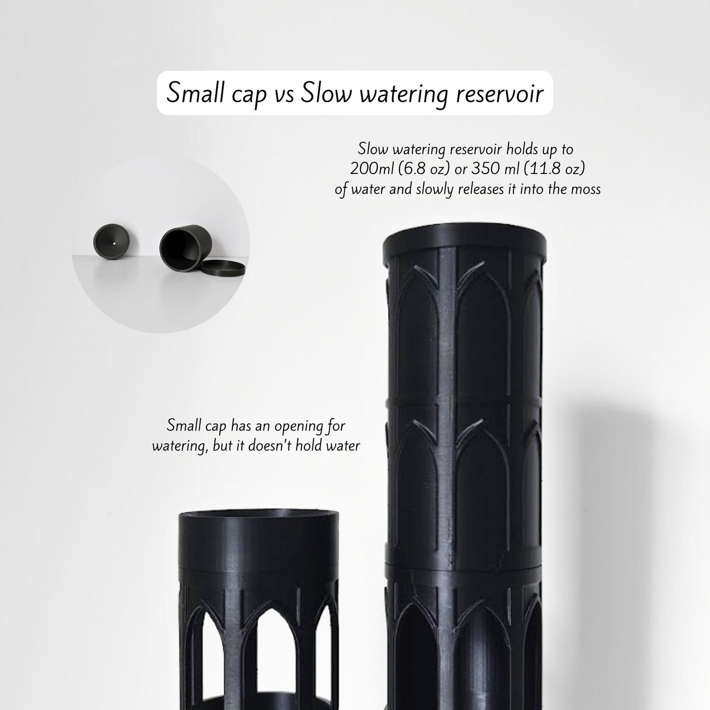 Small cap and slow-watering reservoir option shown attached to the top of the gothic moss pole, with individual cap pieces displayed beside it.
