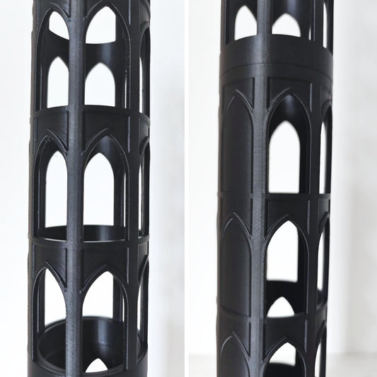 Close-up comparison of the gothic cutout pattern and solid back texture on the 3D-printed moss pole sections.