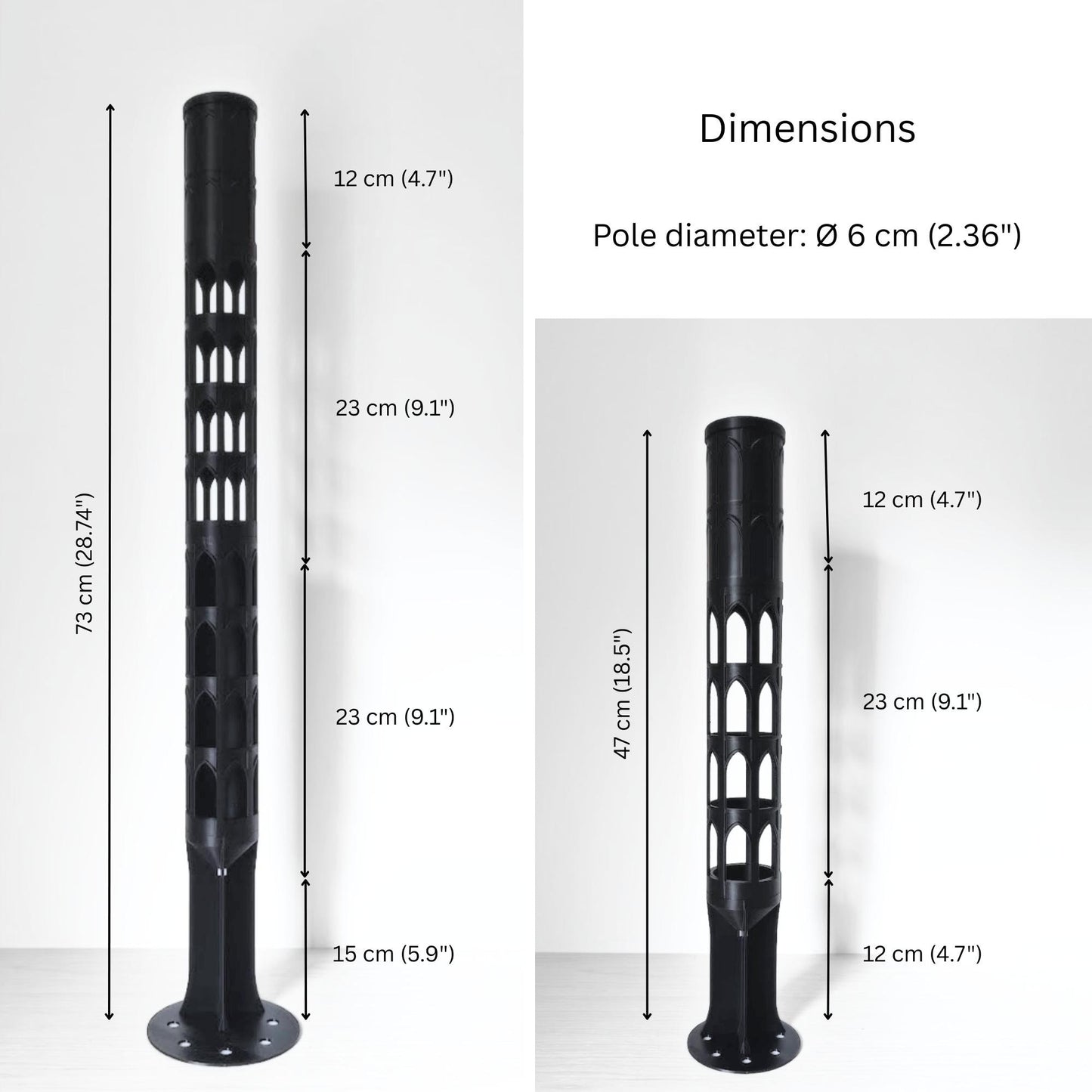 Dimension chart for the 6 cm (2.36 in) diameter gothic moss pole, showing measurements for the full pole and extension section.
