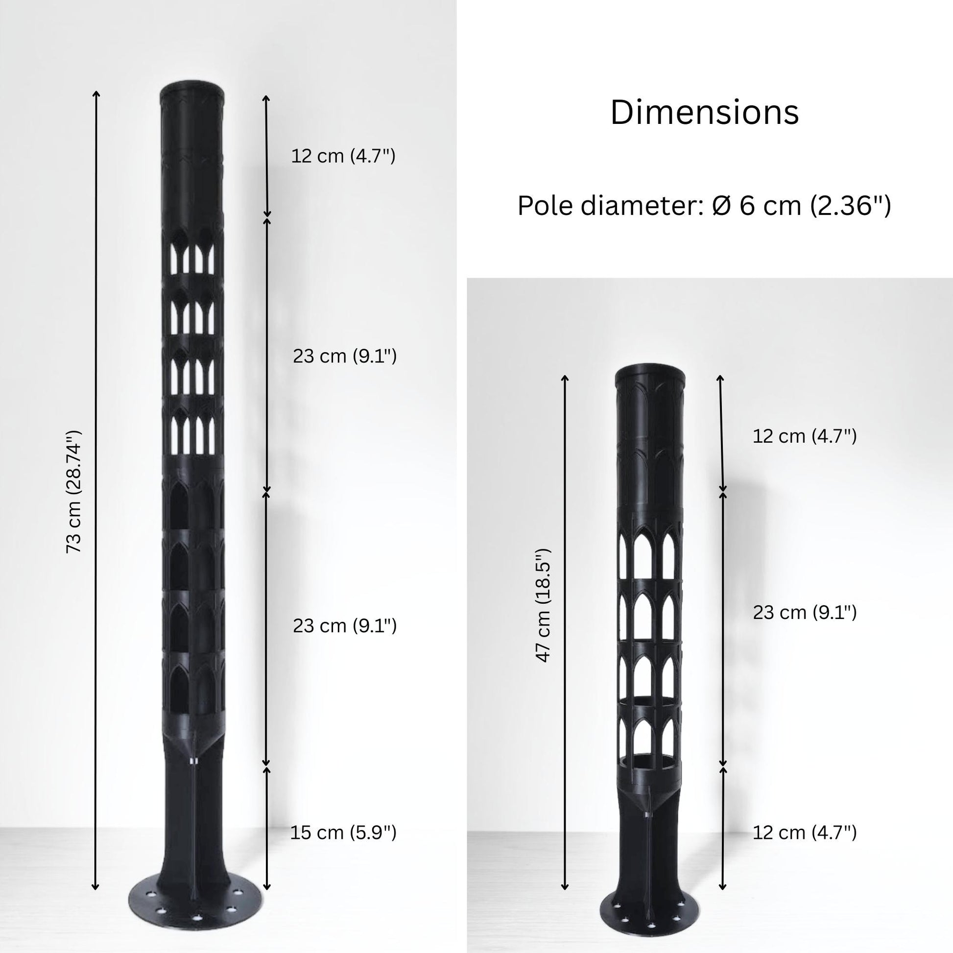 Dimension chart for the 6 cm (2.36 in) diameter gothic moss pole, showing measurements for the full pole and extension section.
