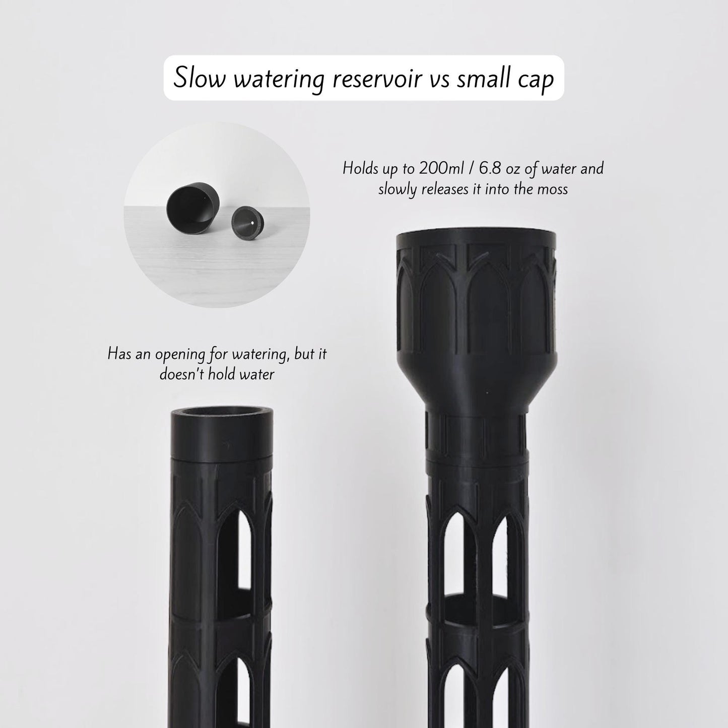 Small cap and slow-watering reservoir option shown attached to the top of the gothic moss pole, with individual cap pieces displayed beside it.
