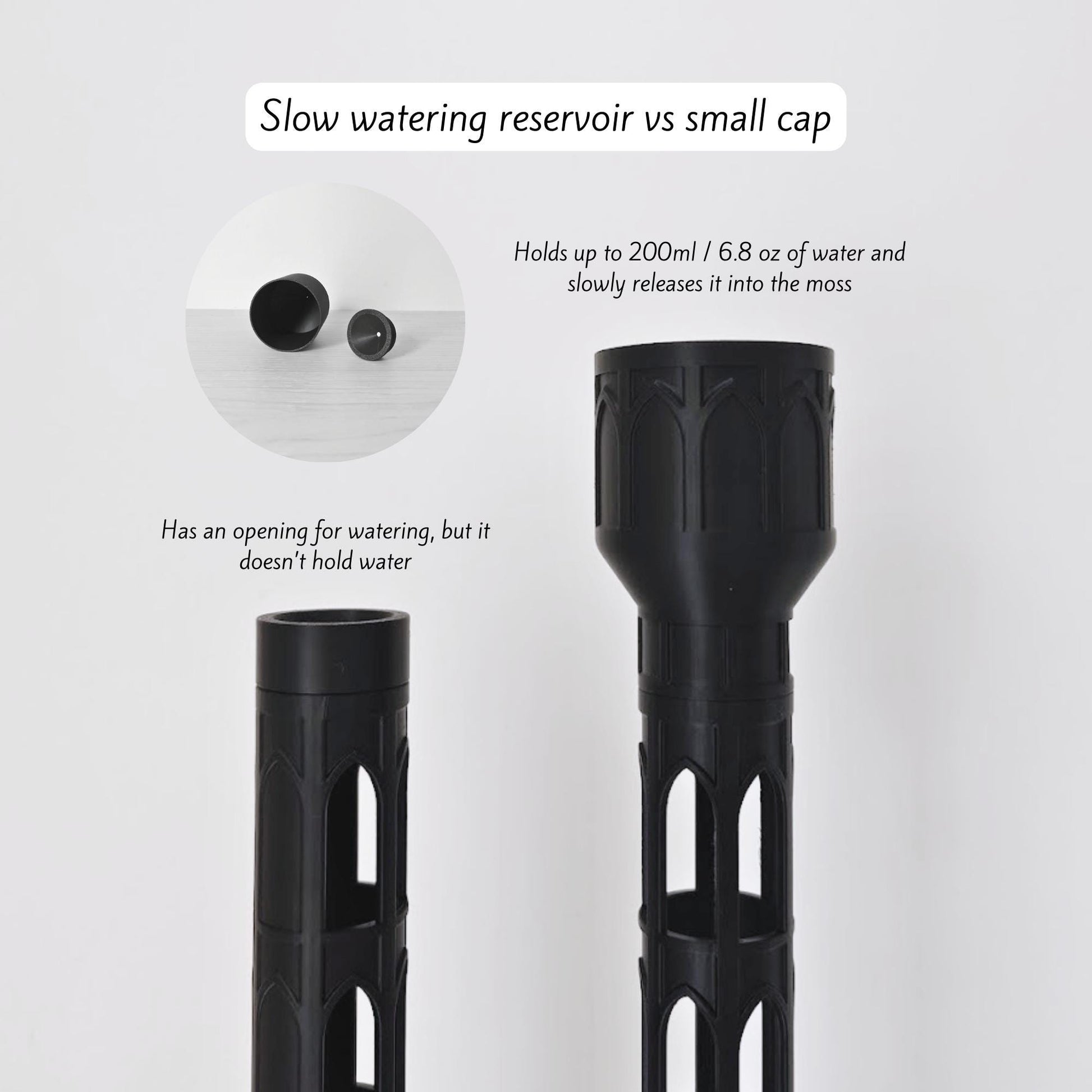 Small cap and slow-watering reservoir option shown attached to the top of the gothic moss pole, with individual cap pieces displayed beside it.