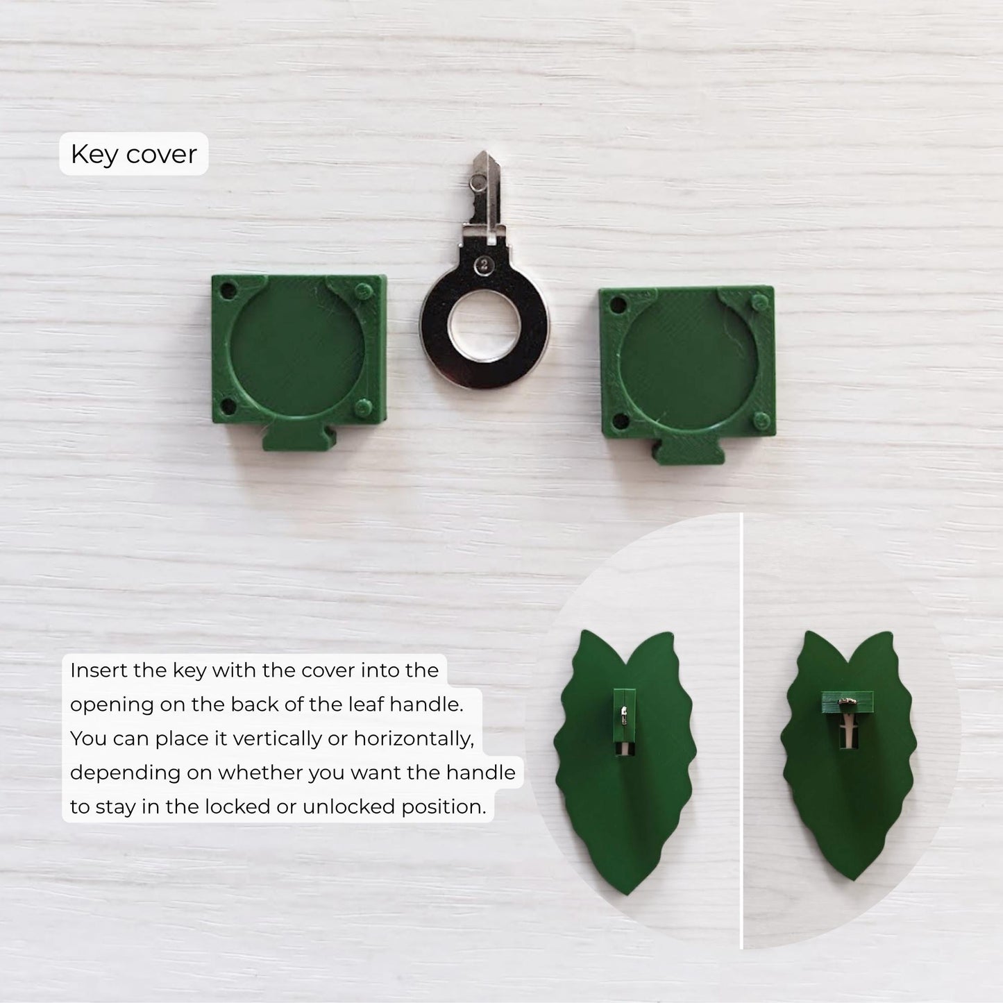 Key cover parts and instruction photo showing two green cover pieces, the original key, and how the covered key fits into the back opening of the leaf handle.