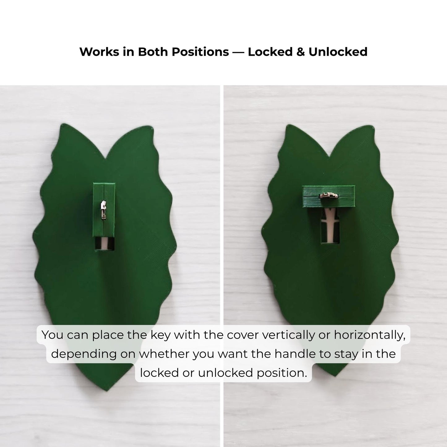 Back view comparison of the leaf handle in two positions, showing how it can stay locked or unlocked depending on key placement.