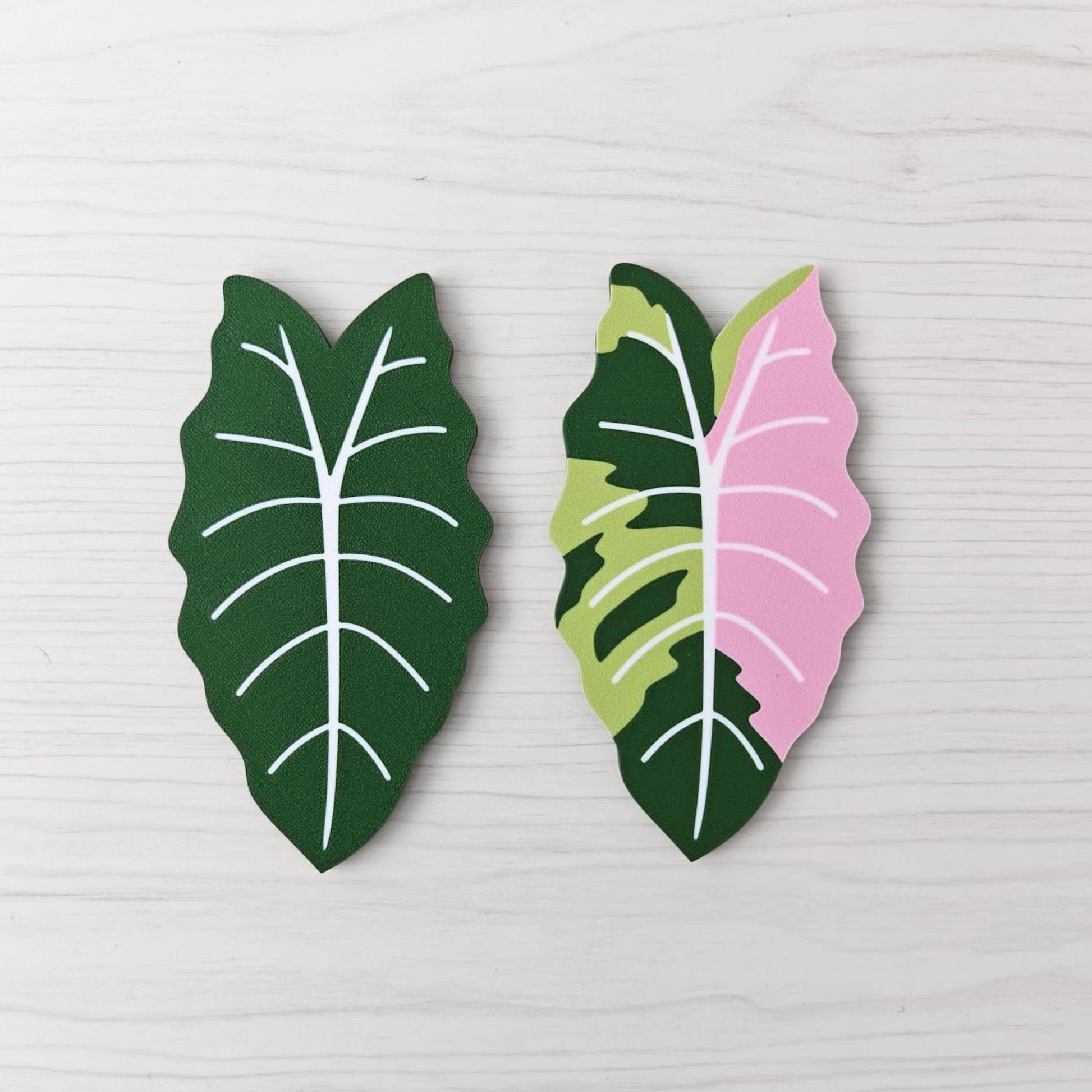 Front view of two Alocasia Chantrieri key cover handles for IKEA FABRIKÖR, shown in solid green and green with pink variegation on a light wood background.