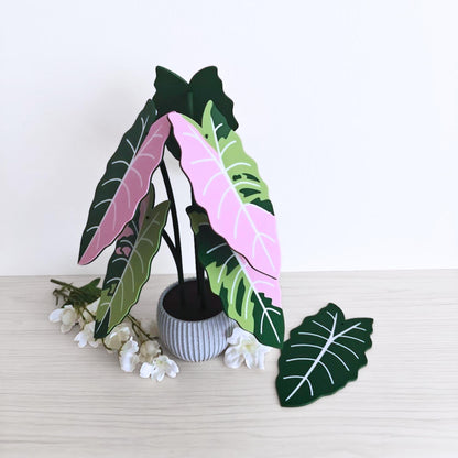 Alocasia Chantrieri Pink coaster set displayed upright in a holder like a small plant arrangement, with one coaster placed in front and white flowers beside it.