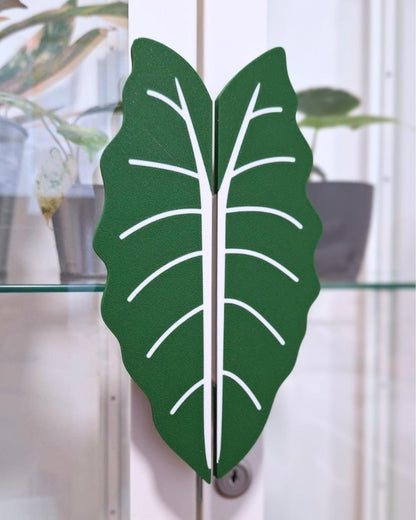 Green Alocasia leaf handle mounted on glass cabinet door