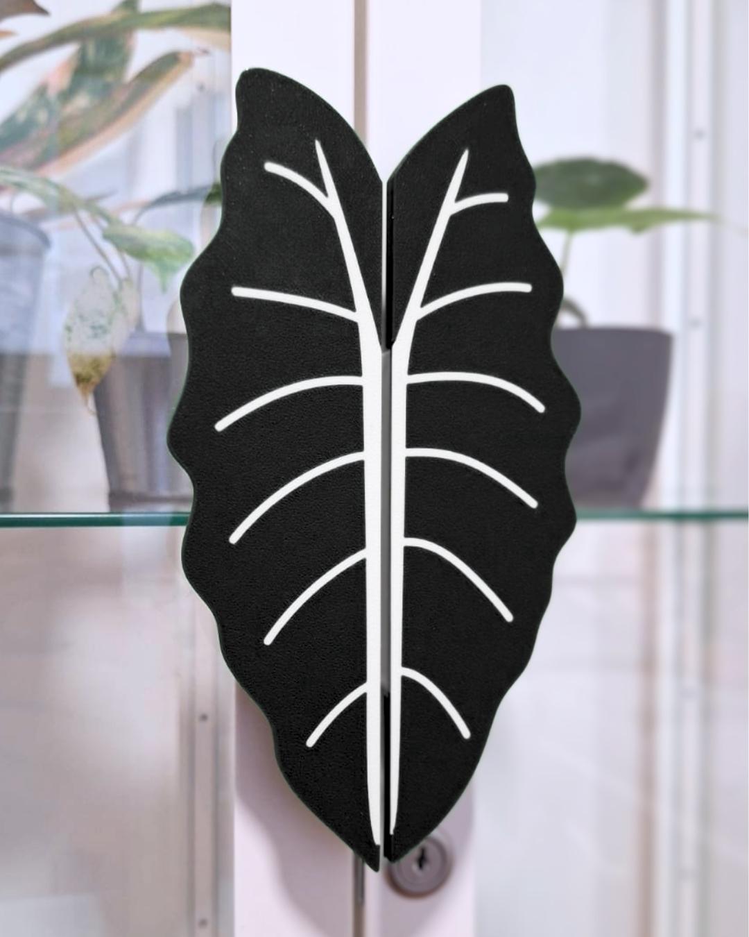 Black Alocasia leaf handle mounted on glass cabinet door