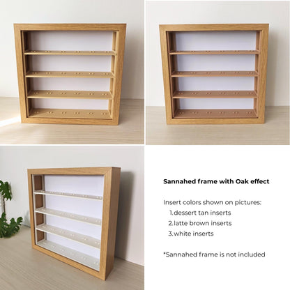 Oak effect IKEA Sannahed frame with LEGO minifigure display inserts in three color options: desert tan, latte brown, and white, shown from front and angled views