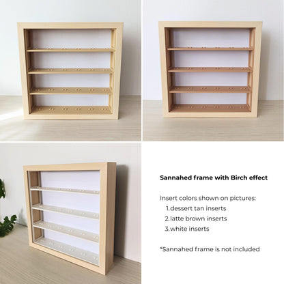 Birch effect IKEA Sannahed frame with LEGO minifigure display inserts in three color options: desert tan, latte brown, and white, shown from front and angled views