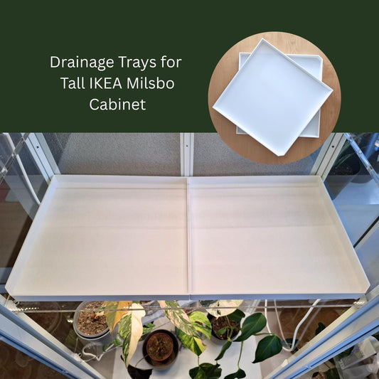 Drainage trays installed inside IKEA Milsbo Tall cabinet shelf