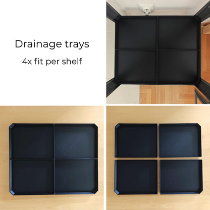 Set of 4 drainage trays showing configuration options for each shelf