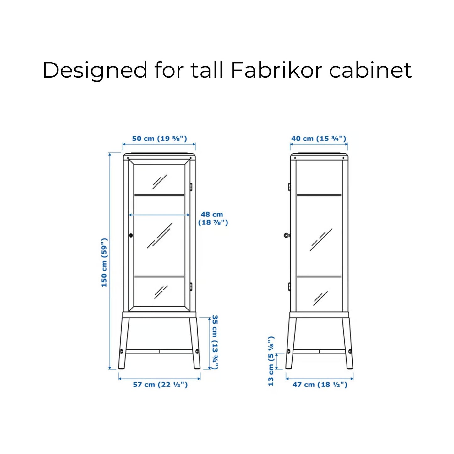 Diagram showing dimensions for IKEA Fabrikor tall cabinet tray fit