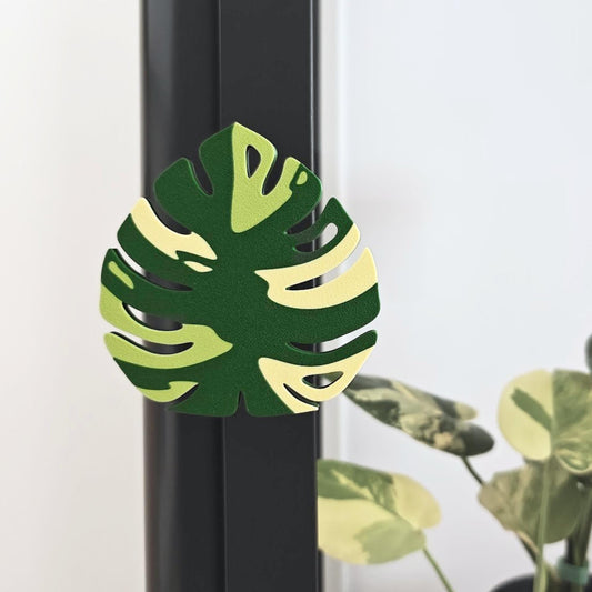 Monstera leaf shaped handle mounted on Ikea Fabrikor cabinet