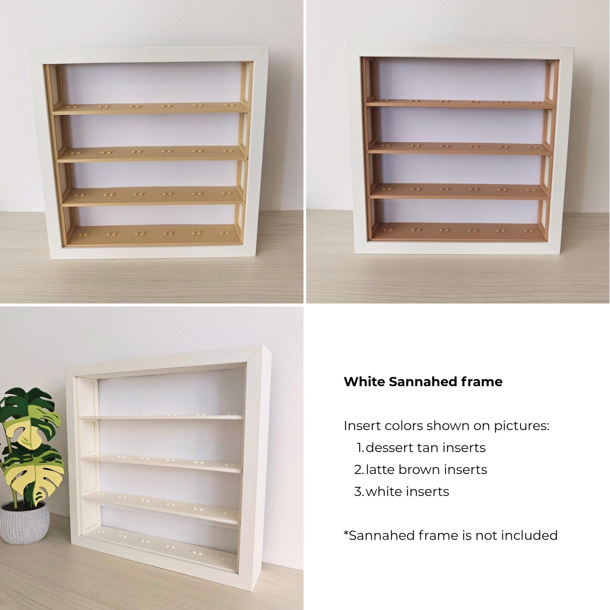 White IKEA Sannahed frame with LEGO minifigure display inserts in three color options: desert tan, latte brown, and white, shown from front and angled views