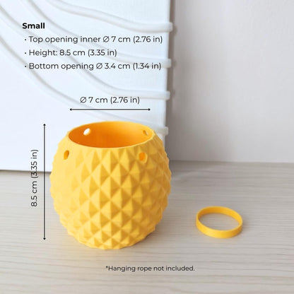 Inverted pineapple planter with dimensions shown, small size with ring attachment