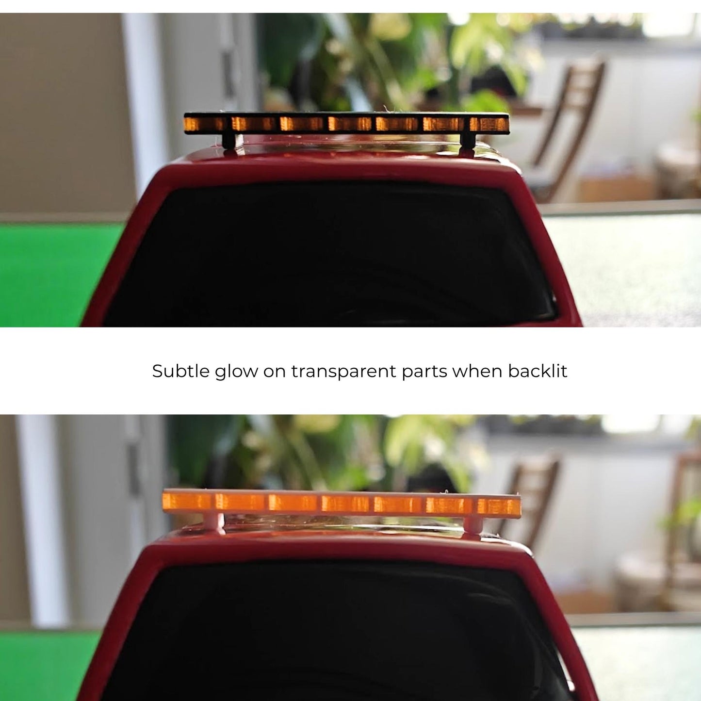 Transparent light bar showing subtle glow when backlit
