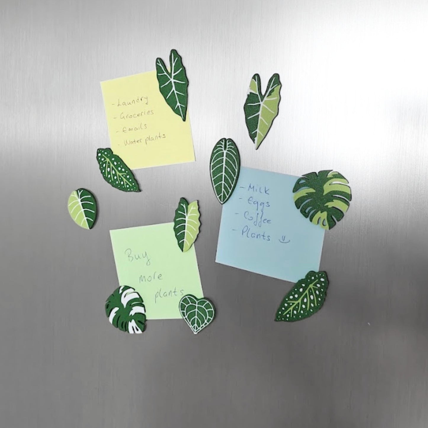 Set of 10 green leaf-shaped fridge magnets including monstera, alocasia, begonia and anthurium designs arranged on a magnetic surface