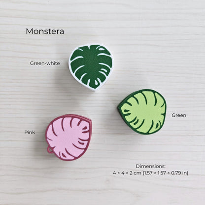 Monstera leaf clicker fidget in green white and pink color options with size
