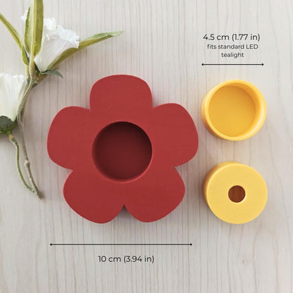 Red flower tealight holder with inserts and size dimensions labeled