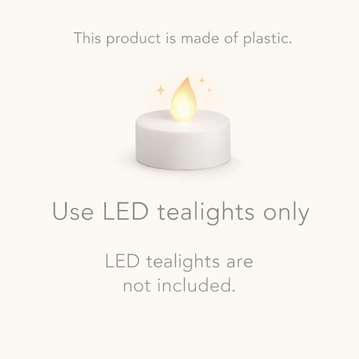 Graphic showing LED tealight use only and product material note