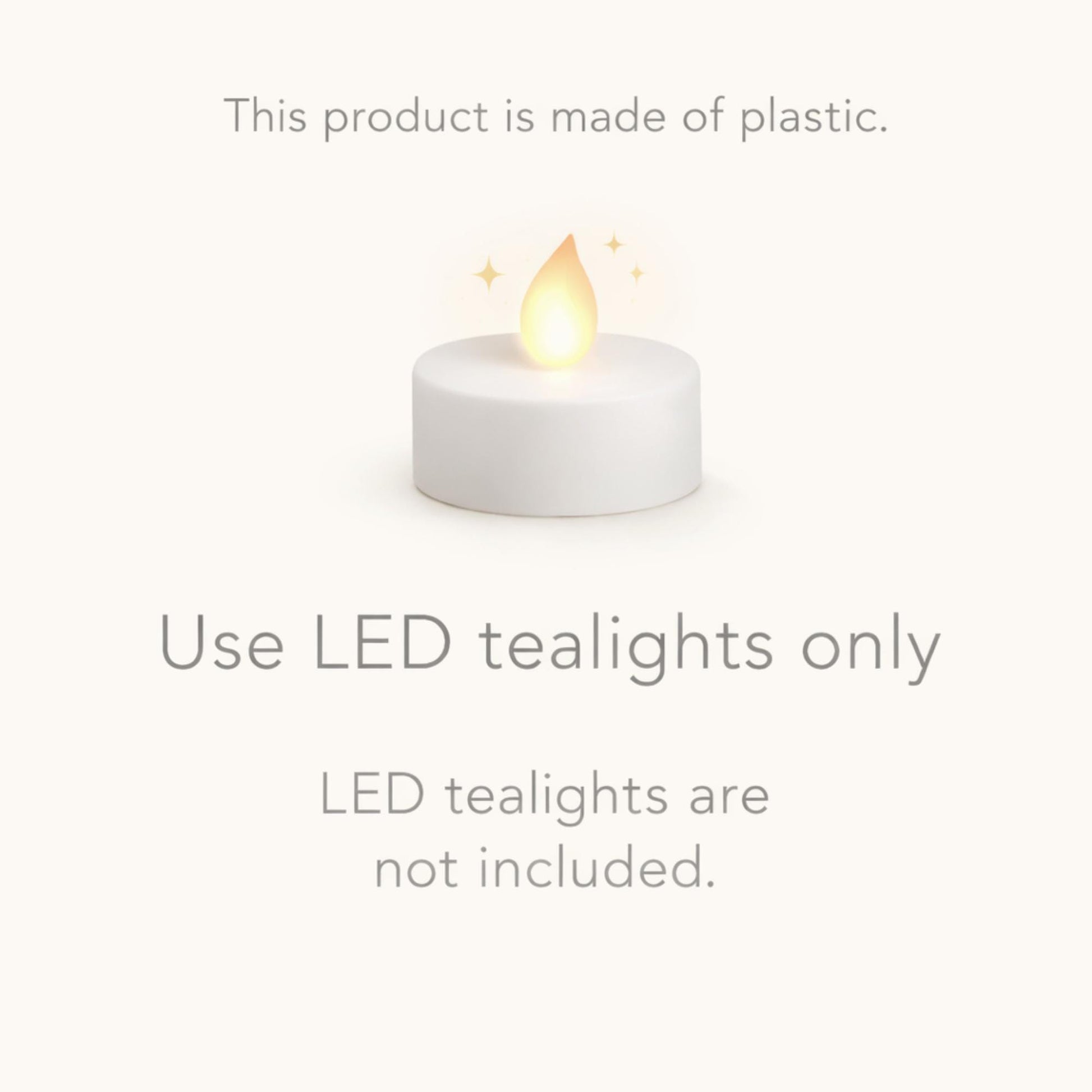 Graphic showing LED tealight use only and product material note