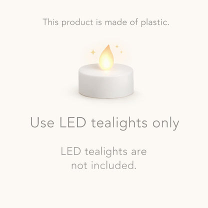Graphic showing LED tealight use only and product material note