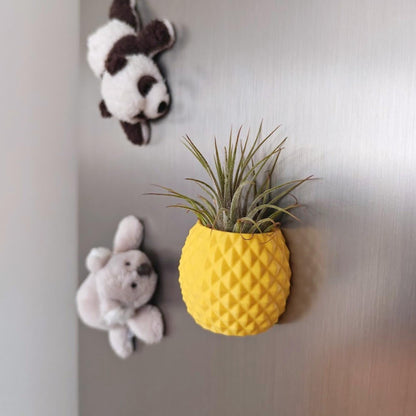 Pineapple fridge magnet planter with air plant, styled with soft toy decor in background