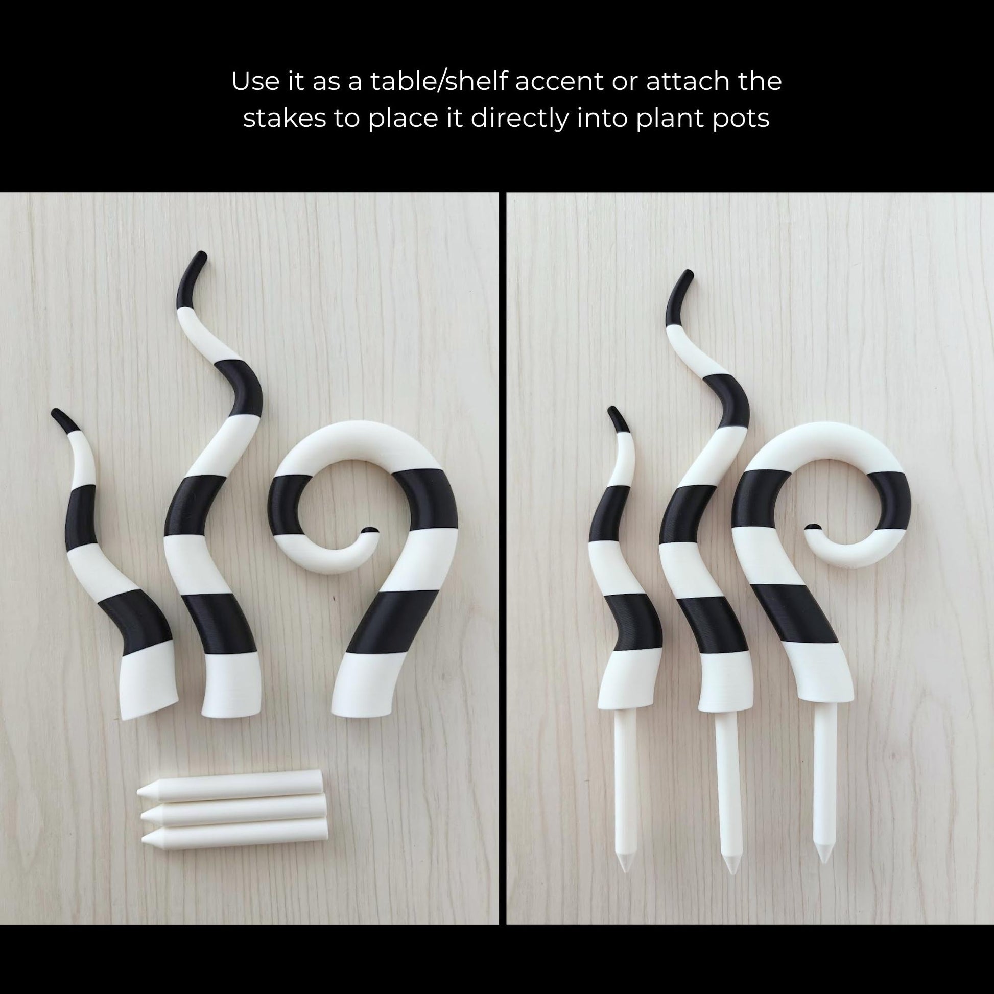 Sandworm decor pieces with and without stakes, comparison of shelf decor and plant stake use