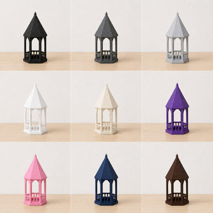 Color examplesColor Grid: A grid photo showing the gazebo tealight holder in nine different sample colors: black, dark grey, light grey, white, off-white, purple, pink, dark blue, and brown.