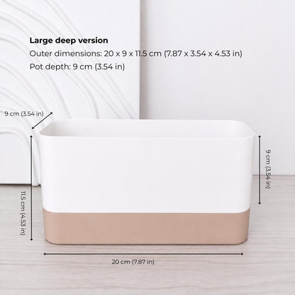 Large deep rectangular self-watering planter assembled in white and latte brown.