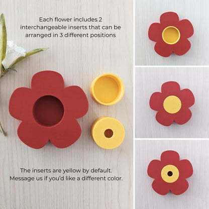 Daisy holder with interchangeable inserts shown in three configurations