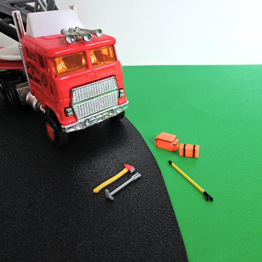 1/64 firefighter rescue gear set with fire truck, axe, halligan tool and pike pole diorama accessories