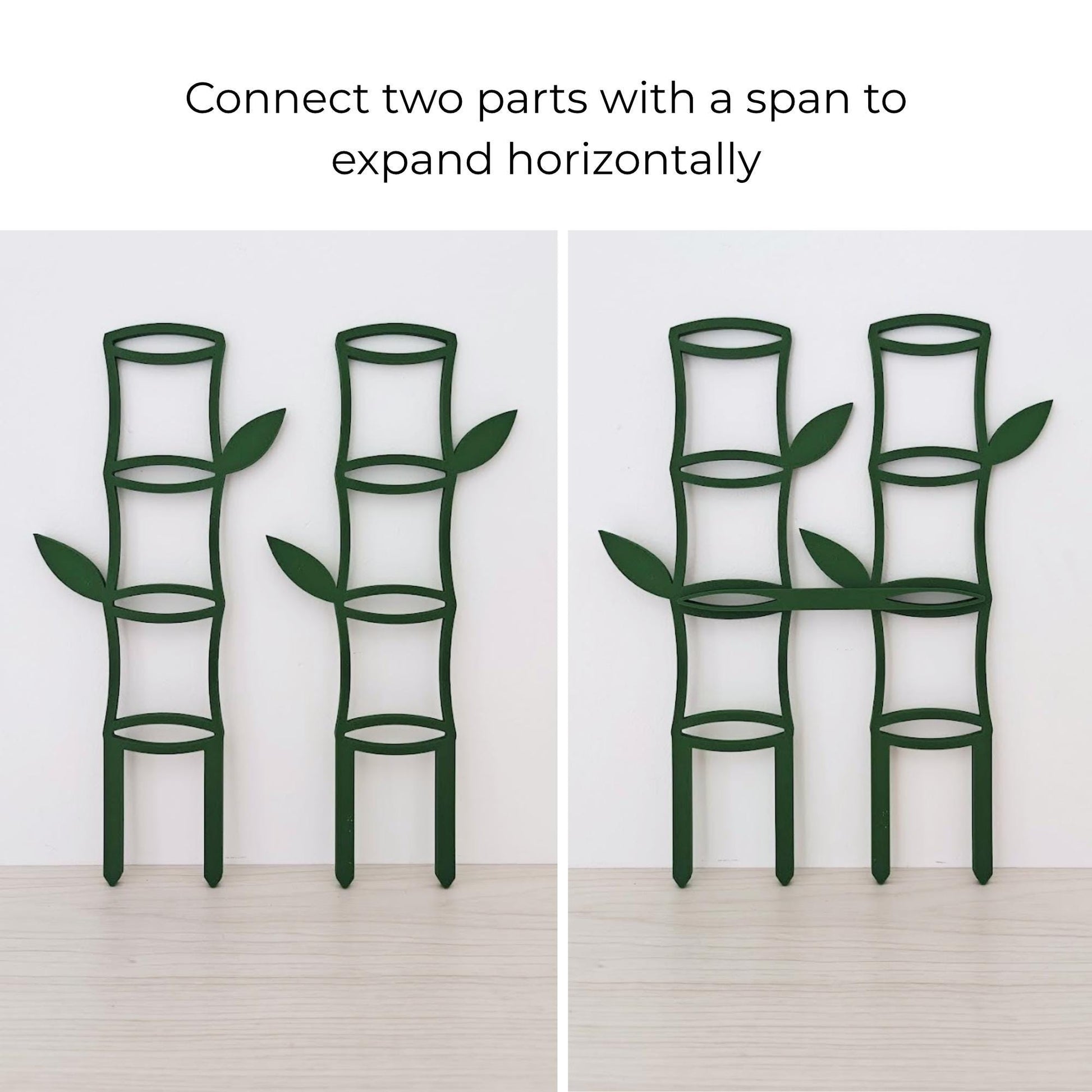 Multiple bamboo trellises connected horizontally with span connectors to create a wider expandable climbing support system.