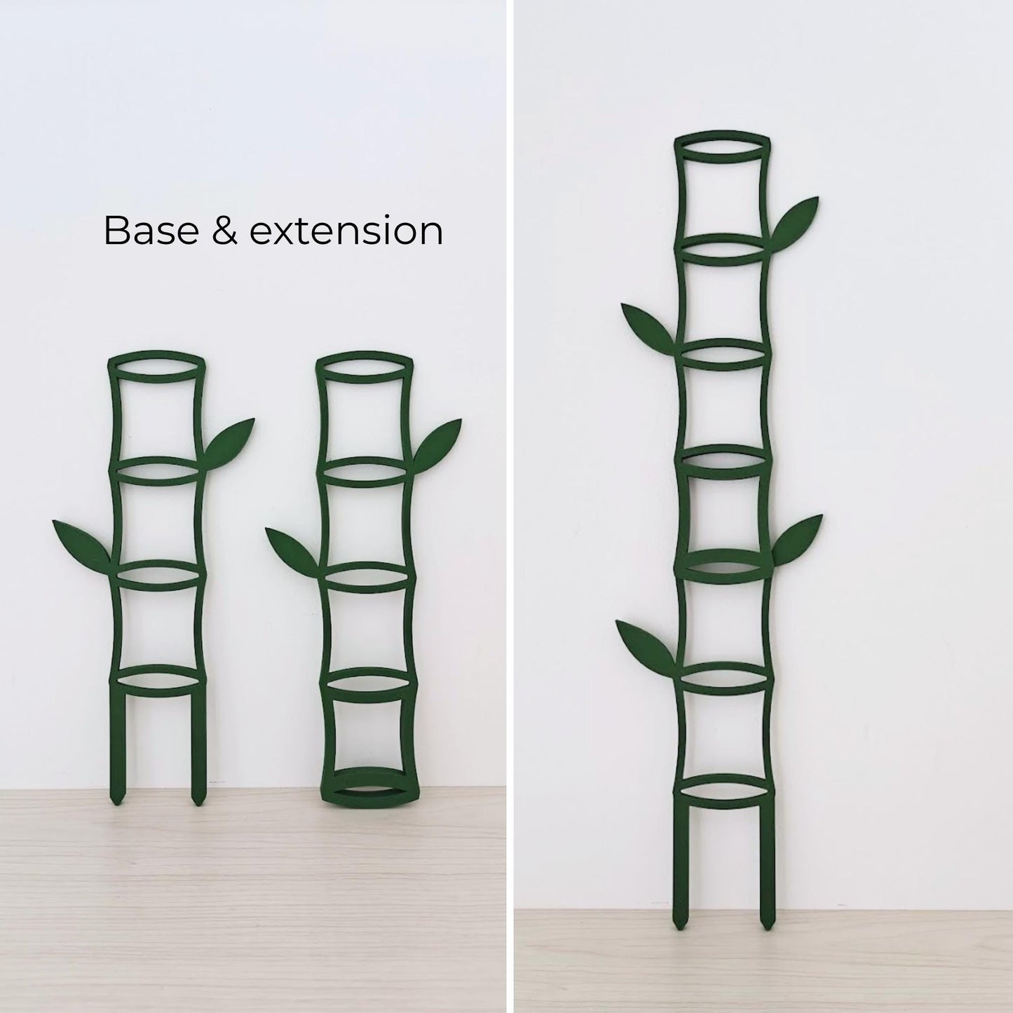 Base trellis and extension piece displayed separately next to an assembled taller bamboo-inspired plant trellis.