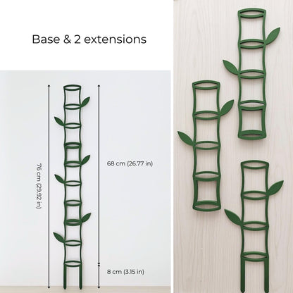 Modular trellis assembled with two extensions creating a tall climbing support for indoor plants with dimensions displayed.