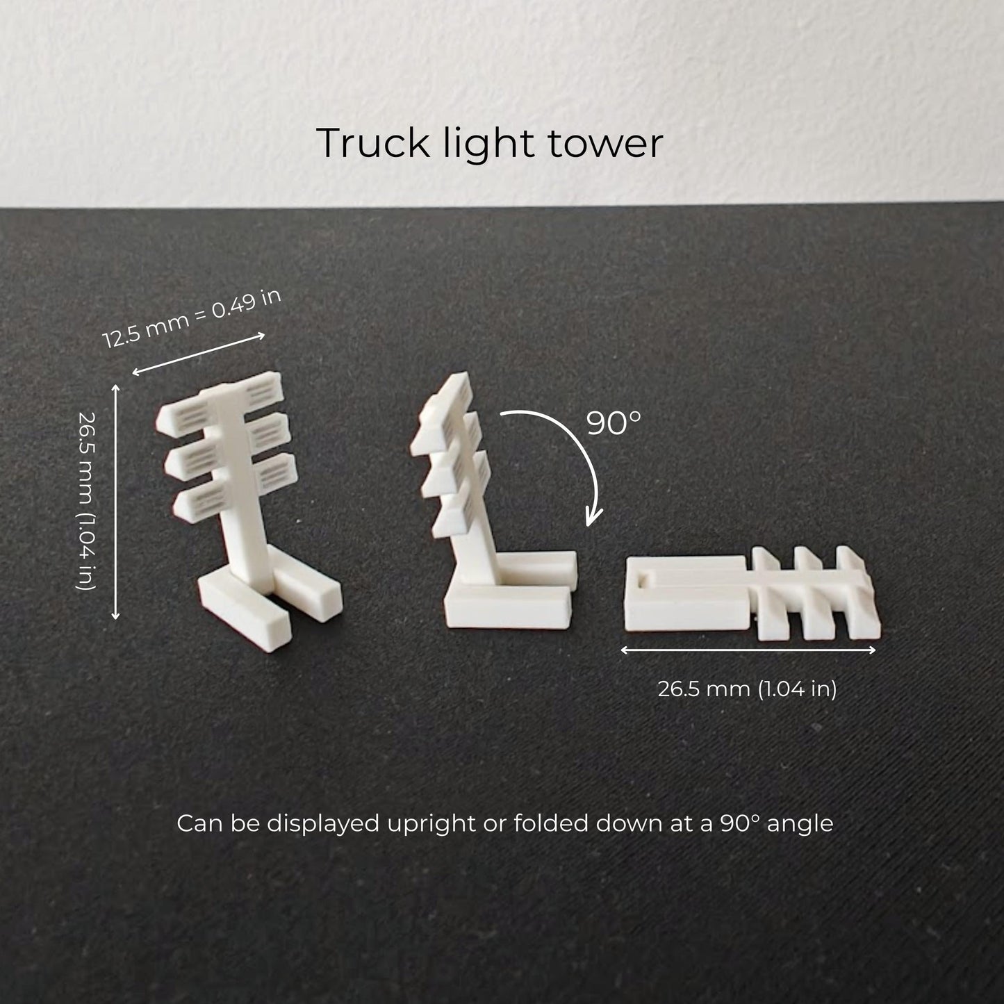 Dimension diagram of miniature truck light tower showing standing, folded, and 90-degree display positions.