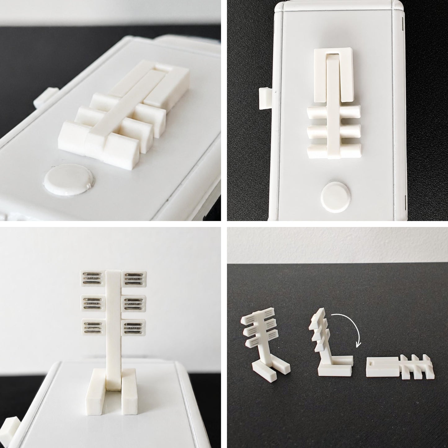 Collage showing close-up details of foldable truck light tower accessory in upright and folded positions.