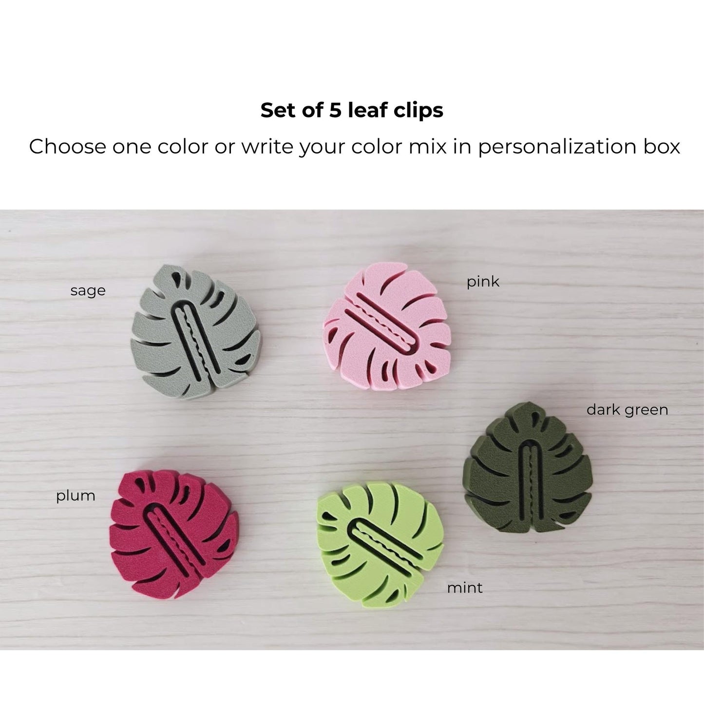 Color chart for set of 5 monstera leaf clips showing available color options and custom mix instructions.
